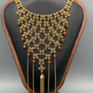 Gold Tone Handkerchief Bookchain Collar Choker Bib Necklace Glass Beads Draped